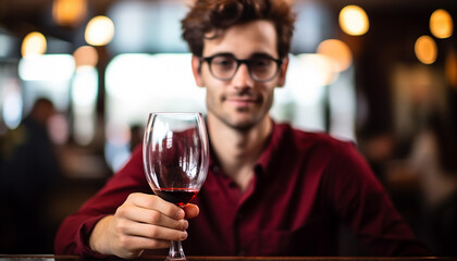 Smiling men enjoying wine at a bar generated by AI - obrazy, fototapety, plakaty