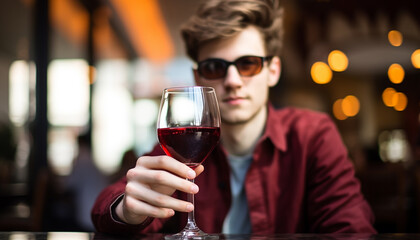 Young adult man enjoying wine at a bar generated by AI