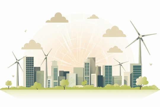A sustainable logo with city buildings, wind turbines, and solar panels promoting reduced waste, pollution, and renewable energy. Generative AI