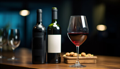 Luxury wine bottle on table, celebration of elegance generated by AI