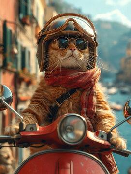 Funny cat in helmet riding on a vintage scooter