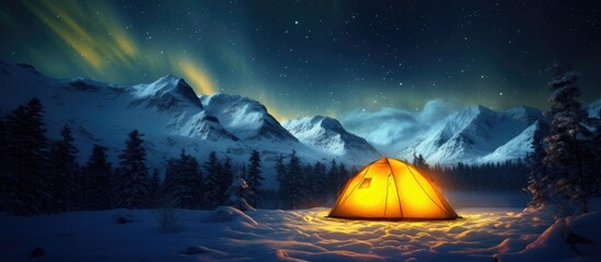 Winter field with a yellow tent illuminated from within, surrounded by a breathtaking starry sky and the Northern lights. Spectacular nocturnal scene.