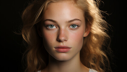 Fototapeta premium Beautiful blond woman with blue eyes smiling confidently generated by AI
