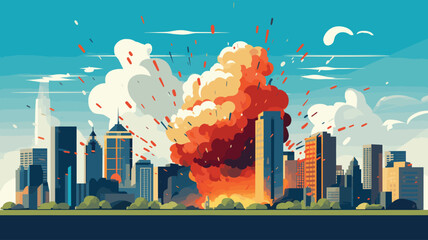 Large explosion in city center with buildings and cloudy sky. Catastrophic urban destruction and chaos. Disaster scene with cityscape vector illustration.