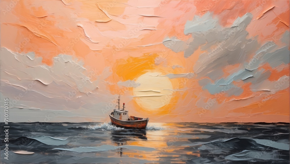 Wall mural The texture of a rough abstract painting boat at sea with sunset