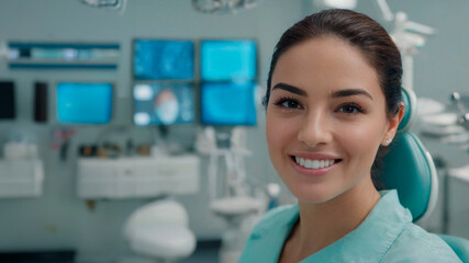An American female professional dentist surrounded by dental equipment in a dental clinic, copy space. Generated AI