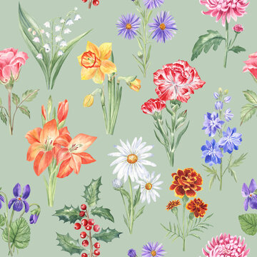 Seamless pattern with the birth month flowers - carnation, daisy, gladiolus, lily of the valley, marigold, larkspur, aster, violet, holly, chrysanthemum, rose, daffodil, Watercolor painted elements. 