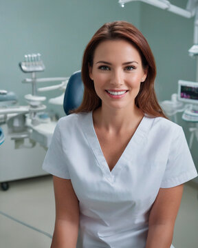 An American female professional dentist surrounded by dental equipment in a dental clinic, copy space. Generated AI