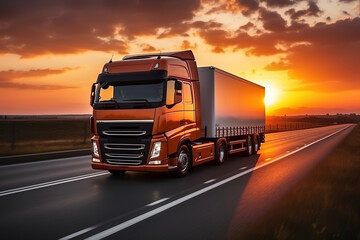 A large orange truck with a white trailer without inscriptions on the highway in the rays of sunset and dawn. Transportation of goods by road. Generated by artificial intelligence