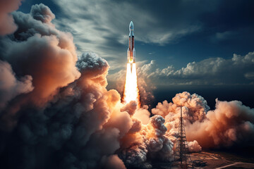 Top view of a rocket launching into space. Fire and clouds of smoke. Generated by artificial intelligence - obrazy, fototapety, plakaty