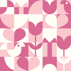 Valentine's seamless pattern. Hearts shapes, flowers and birds abstract pastel background. Minimalistic retro style. Vector illustration.