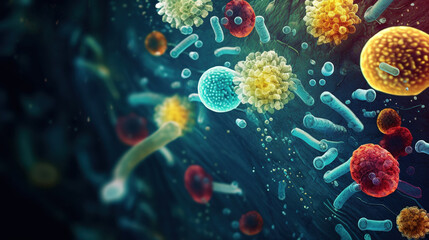 3d rendering of virus cells in medical background. Microscopic view. Abstract background for a body microbiome bacterium medical concept. Probiotics bacteria biology science. - obrazy, fototapety, plakaty