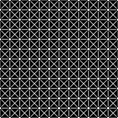 Seamless surface pattern with symmetric geometric ornament. White crosses, stripes and circles abstract on black background. Grill motif. Crossing lines wallpaper. Digital paper. Vector illustration