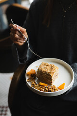 Appetizing piece of cake with nuts and fruits. Food photography, stylish mockup, pastry chef.