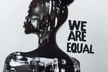 Bold Statement of Human Equality in Monochromatic Artistic Imagery Of a Black Woman with sign "We Are Equal"
