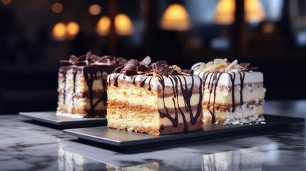Three different layered frosted slices of cakes close up on the table in a cafe or patisserie, blurred background