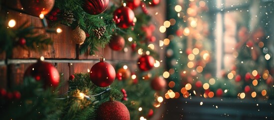 Fototapeta na wymiar Christmas shopping, holiday gift search, New Year decoration, Christmas-themed wall, Christmas tree.