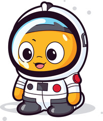 Cute orange character in astronaut suit smiling. Cartoon style spaceman with big eyes and happy face. Kids space theme, adorable astronaut vector illustration.