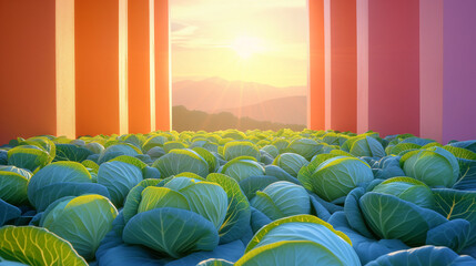 Illustration of cabbage fields between walls, minimal food concept - obrazy, fototapety, plakaty