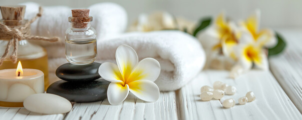 Obraz na płótnie Canvas Cosmetic supplies for spa treatments and massage on white wooden table. Folded white towel, smooth stones, essential oil, plumeria flowers, burning candle, copy space.