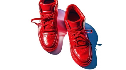 Red sports shoe with flying laces on white background - obrazy, fototapety, plakaty