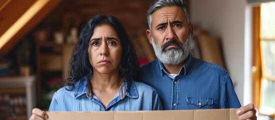 An apprehensive middle-aged Hispanic couple with a skeptical and worried expression, feeling upset due to a problem, while holding a banner in their new home. - obrazy, fototapety, plakaty