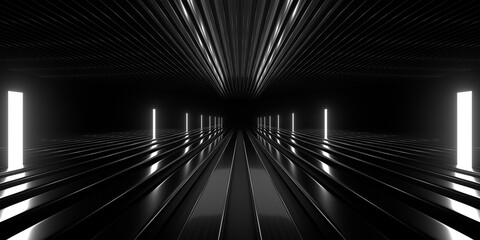 Naklejka premium Sci Fi neon glowing lines in a dark tunnel. Reflections on the floor and ceiling. Empty background in the center. 3d rendering image. Abstract glowing lines. Technology futuristic background.