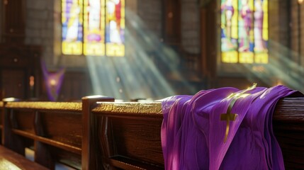 Church Pew with Purple Lent Scarf. Empty church pew with a purple scarf, ash cross on the fabric,...