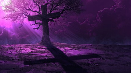 Surreal Ash Wednesday Tree Shadow Cross. A conceptual image capturing Ash Wednesday with a stark tree shadow forming an ash cross on the ground, set against a surreal purple sky