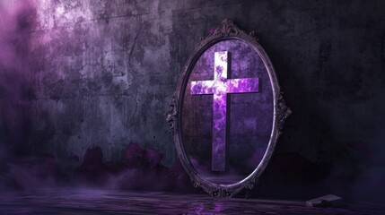 Surreal Ash Wednesday Mirror with Purple Cross Reflection. A thought-provoking surreal composition Ash Wednesday, ornate mirror reflecting a purple sky and an ash cross - obrazy, fototapety, plakaty