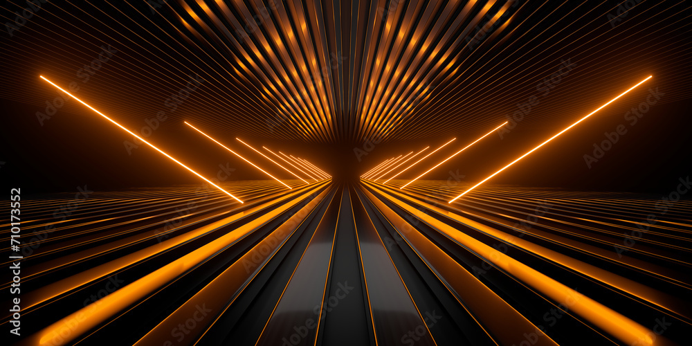 Poster sci fi neon glowing lines in a dark tunnel. reflections on the floor and ceiling. empty background i