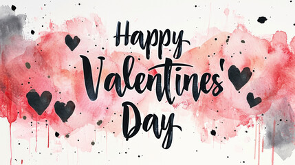 Happy Valentine`s Day card, watercolor style, greeting lettering and black gothic heart shapes on white paper background. Concept of text, pastel design, love, banner, handmade, water - obrazy, fototapety, plakaty