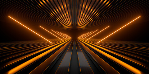 Sci Fi neon glowing lines in a dark tunnel. Reflections on the floor and ceiling. Empty background in the center. 3d rendering image. Abstract glowing lines. Technology futuristic background.