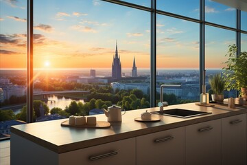 Stunning modern white kitchen interior with cityscape sunrise view in skyscraper - obrazy, fototapety, plakaty