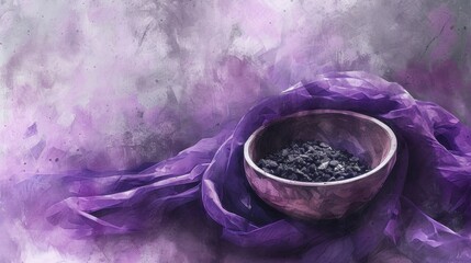 Watercolor illustration of Ash Wednesday concept, featuring a bowl of ashes on a purple cloth, soft and reflective ambiance, delicate brushstrokes capturing the solemn mood