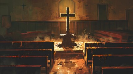 Illustration of an Ash Wednesday scene with a cross made of ashes on an altar, empty church pews in the background, somber and reflective ambiance - obrazy, fototapety, plakaty