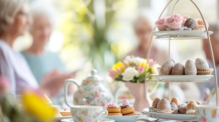 Elderly friends gathered for an Easter themed afternoon tea, Easter, blurred background, with copy space