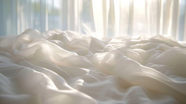 A bed with white sheets and curtains in the background, AI