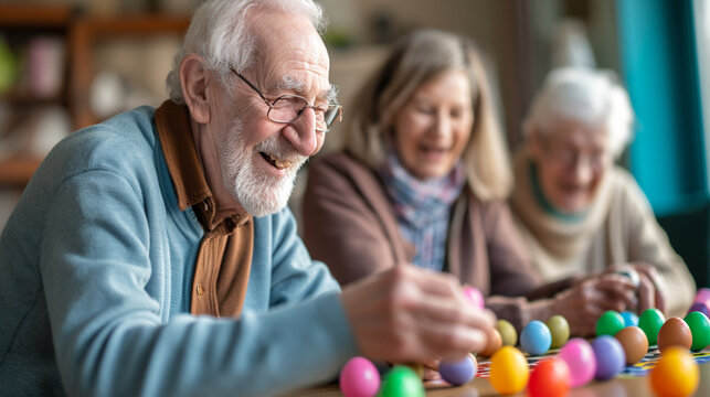 Seniors engaging in a spirited game of Easter egg bingo, Easter, blurred background, with copy space