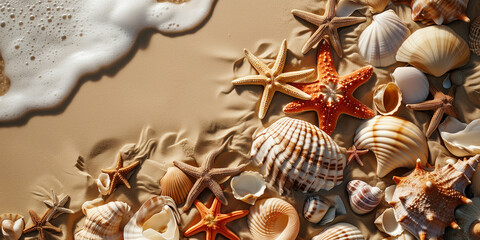 Beautiful seashells on the beach, top view, summer sea background