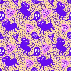 Halloween cartoon animals seamless cats and pumpkins and ghost pattern for wrapping paper and fabrics