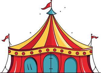 Colorful circus tent with flags and stars. Cartoon big top circus marquee. Entertainment event, carnival and funfair theme vector illustration.