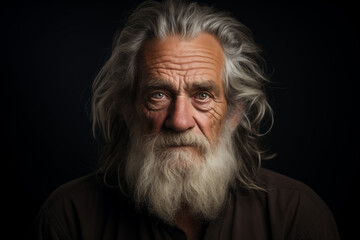 Obraz premium Studio portrait photograph of a old man who has seen the world. black background. dark stylo. dramatic lighting. chiaroscuro. concept of decline, sadness, loneliness. without smile.