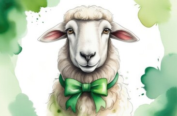 Cute Irish sheep with a green bow around its neck, free space for text, background illustration for St. Patrick's Day