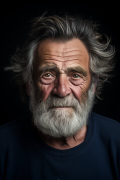 Studio portrait photograph of a old man who has seen the world. black background. dark stylo. dramatic lighting. chiaroscuro. concept of decline, sadness, loneliness. without smile.