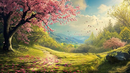 Spring landscape. Fresh foliage, grass. Nature comes to life. spring background for the product - obrazy, fototapety, plakaty