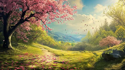 Fotobehang Spring landscape. Fresh foliage, grass. Nature comes to life. spring background for the product © NeuroSky