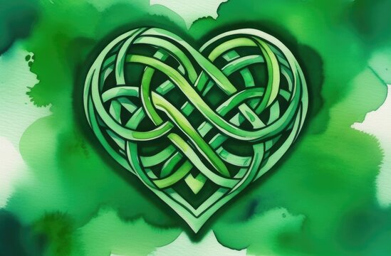 Watercolor Celtic knot heart in shades of green, free space for text, background illustration for St. Patrick's Day