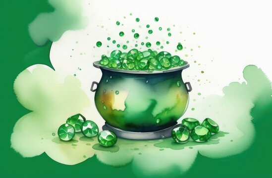 Leprechaun's pot filled with sparkling green gems, free space for text, background illustration for St. Patrick's Day