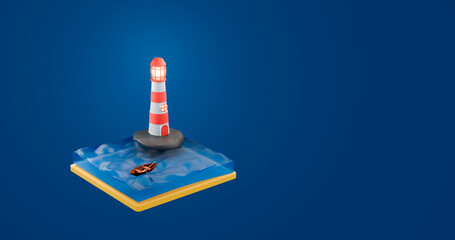 Miniature lighthouse on a stone in the blue sea with a boat, 3D render.